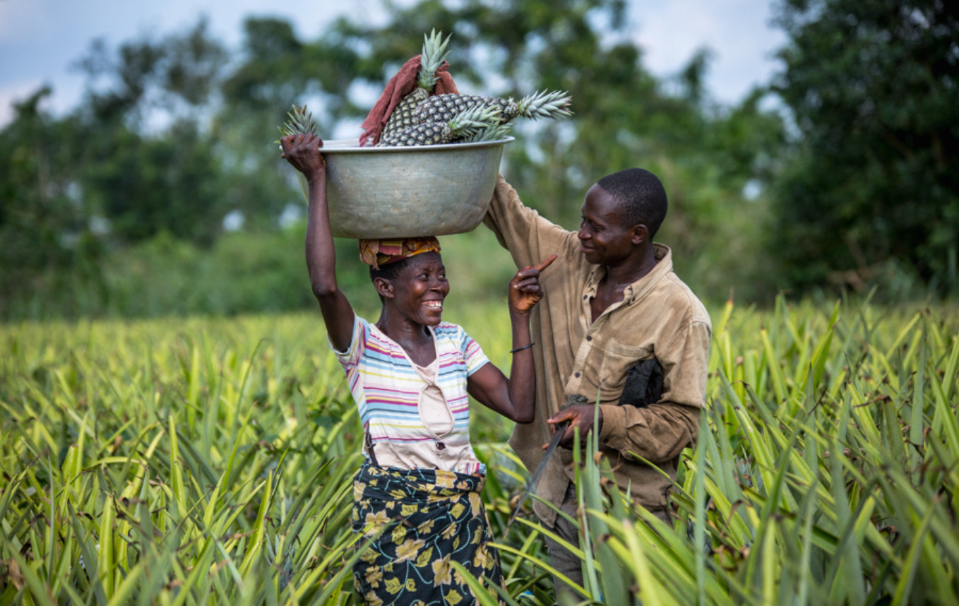 woman holding a pineapple basket smiling at man