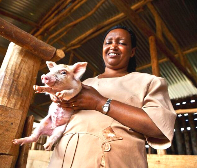 Pig farmer in Rwanda is holding one of her piglets.