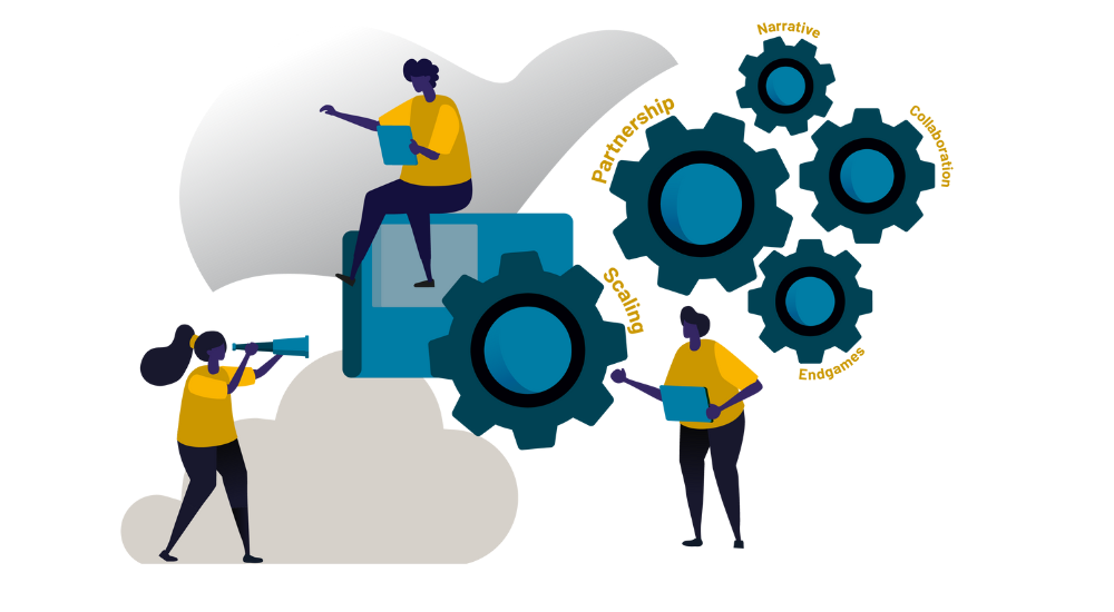 illustrated characters with cogwheels