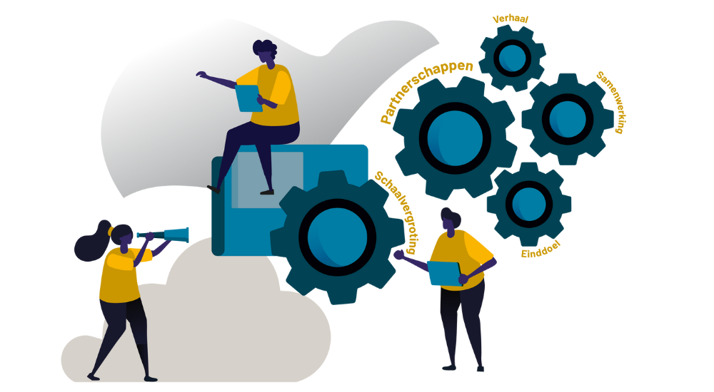 illustrated characters with cogwheels