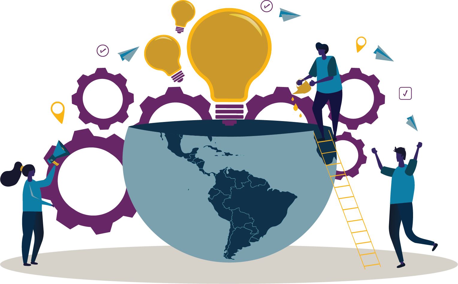 illustration with half a globe, cogwheels and a lightbulb