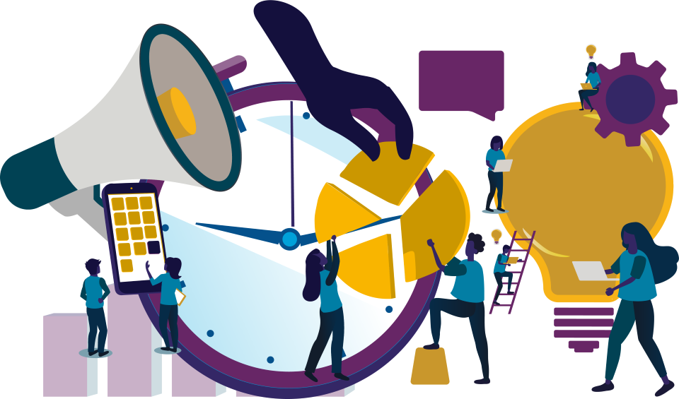 illustration with people, cogwheels and lightbulb