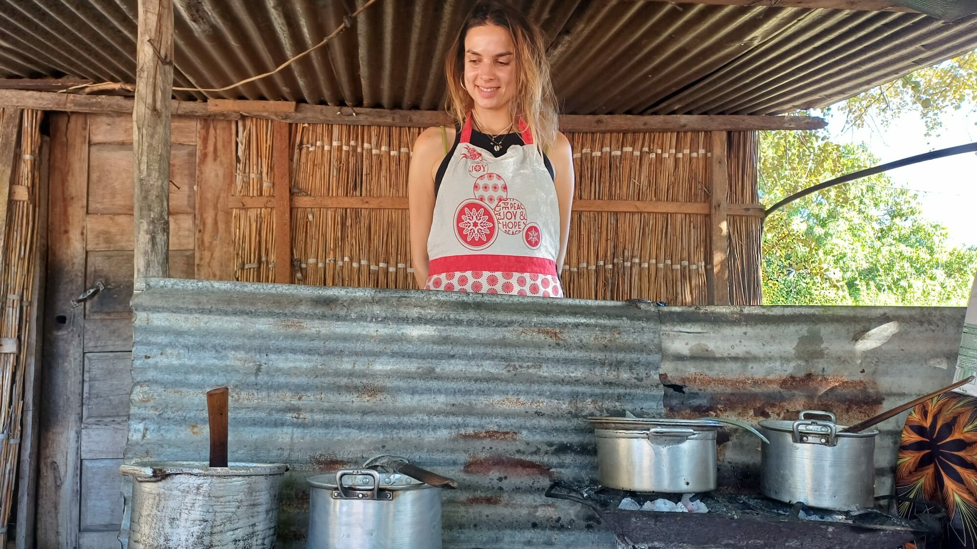 A young woman stands behind a cooking stove, smiling.