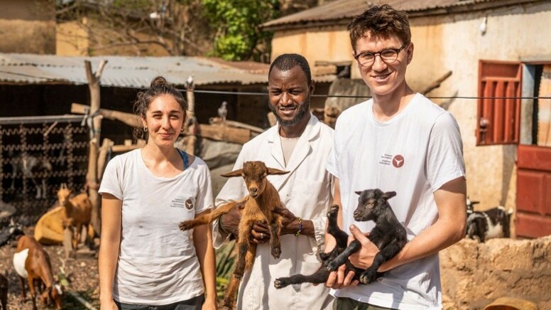 2 men and one woman posing for a picture with two little goats in their hands.