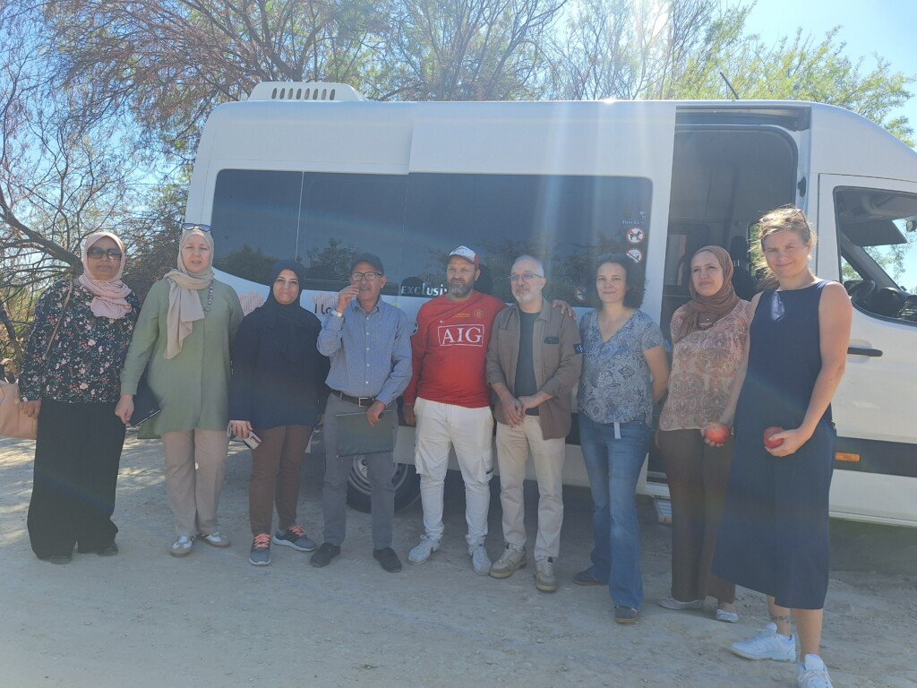 Colleagues posing in Tunisia for a picture in front of a van.